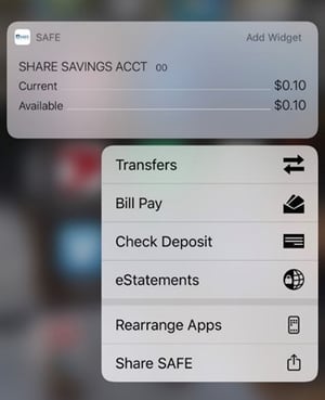 SAFE Credit Union Mobile App 3D Touch