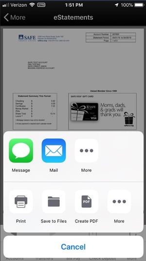 SAFE Credit Union Mobile App estatements